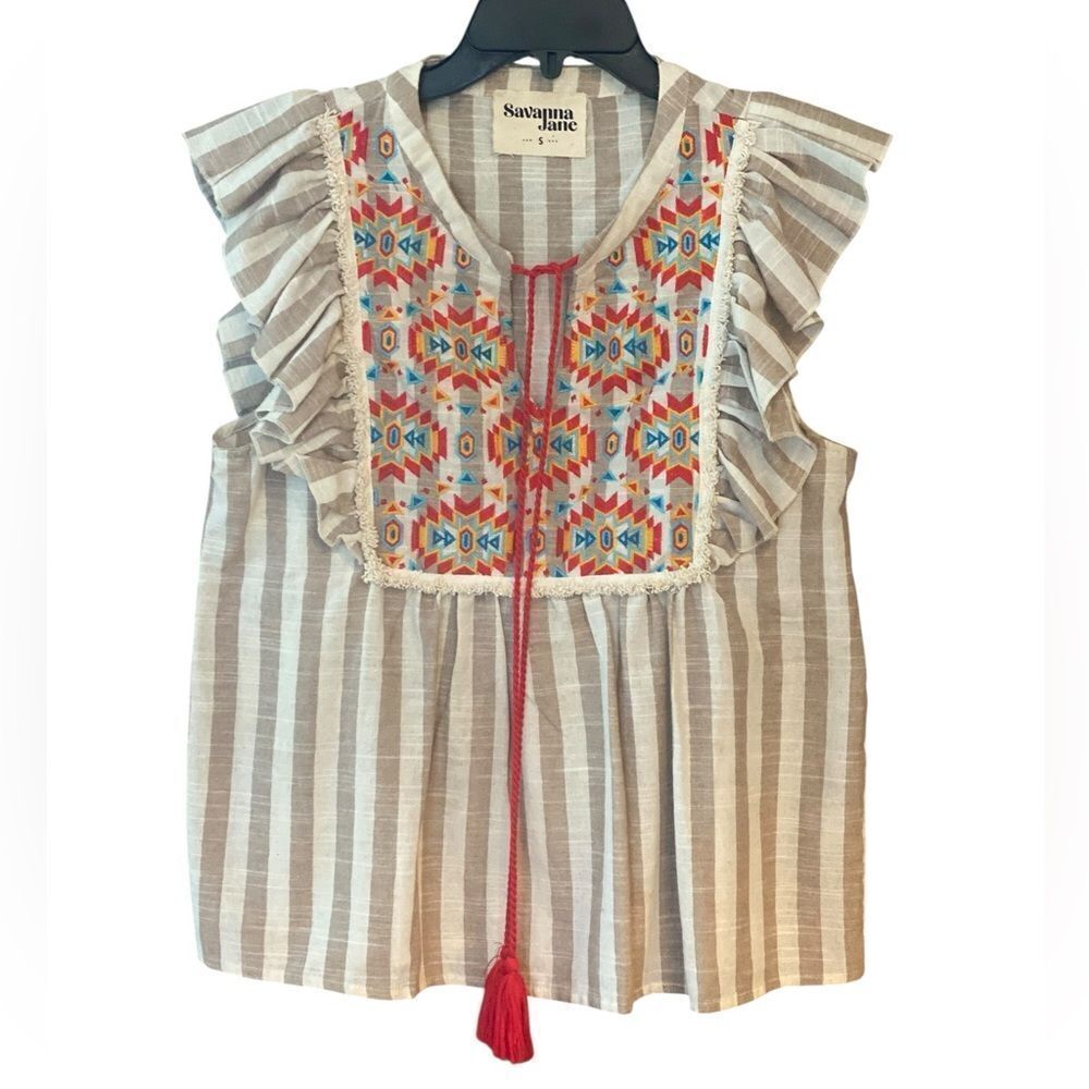 Savanna Jane Sz S Beige Red Tassle Tie Striped Embroidered Boho Blouse
